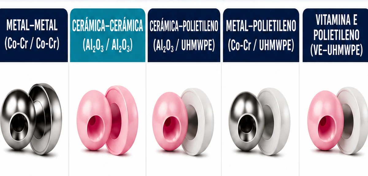 Los cinco pares de fricción usados en prótesis de cadera: metal-metal, cerámica-cerámica, cerámica-polietileno, metal-polietileno y polietileno con vitamina E