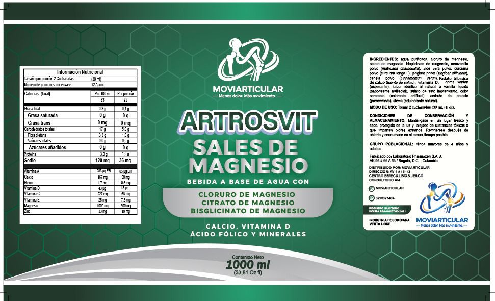 Etiqueta del suplemento Moviarticular Artrosvit, bebida a base de agua con tres formas de magnesio, vitamina D, calcio y minerales