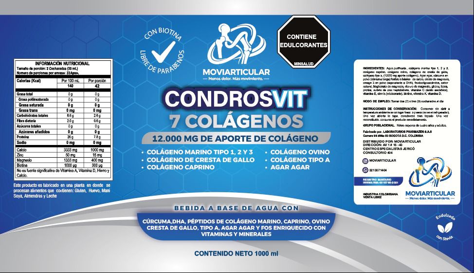 Etiqueta del suplemento Moviarticular Condrosvit, bebida a base de agua con 7 tipos de colágeno, biotina, cúrcuma y omega 3